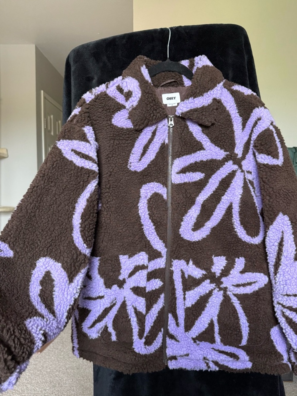 Obey Floral Sherpa Jacket Brown Purple Streetwear Fleece
